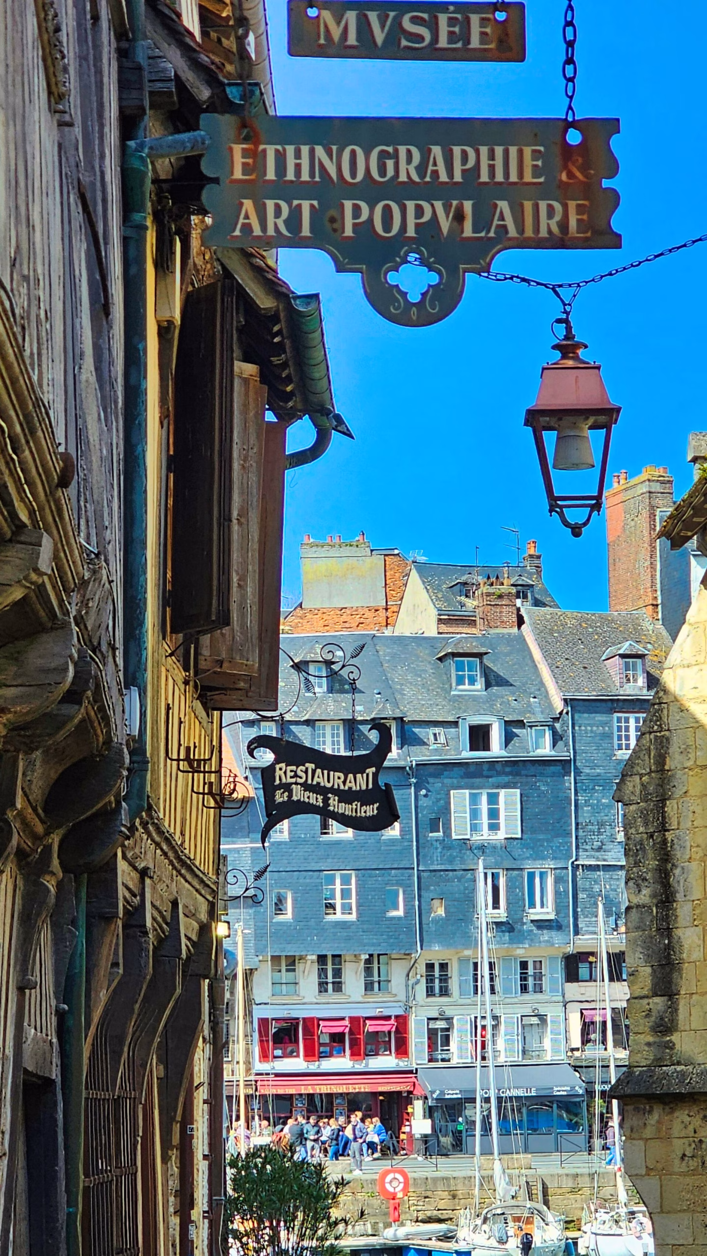 Rue avec panneaux et bâtiments historiques. Honfleur avec son chien